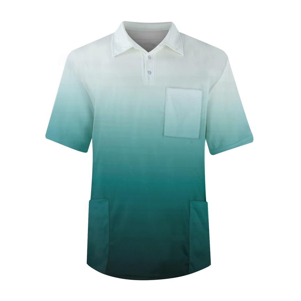 Men's Short Sleeve Button Lapel Gradient Printing Chest Pocket Dry-nurse Top