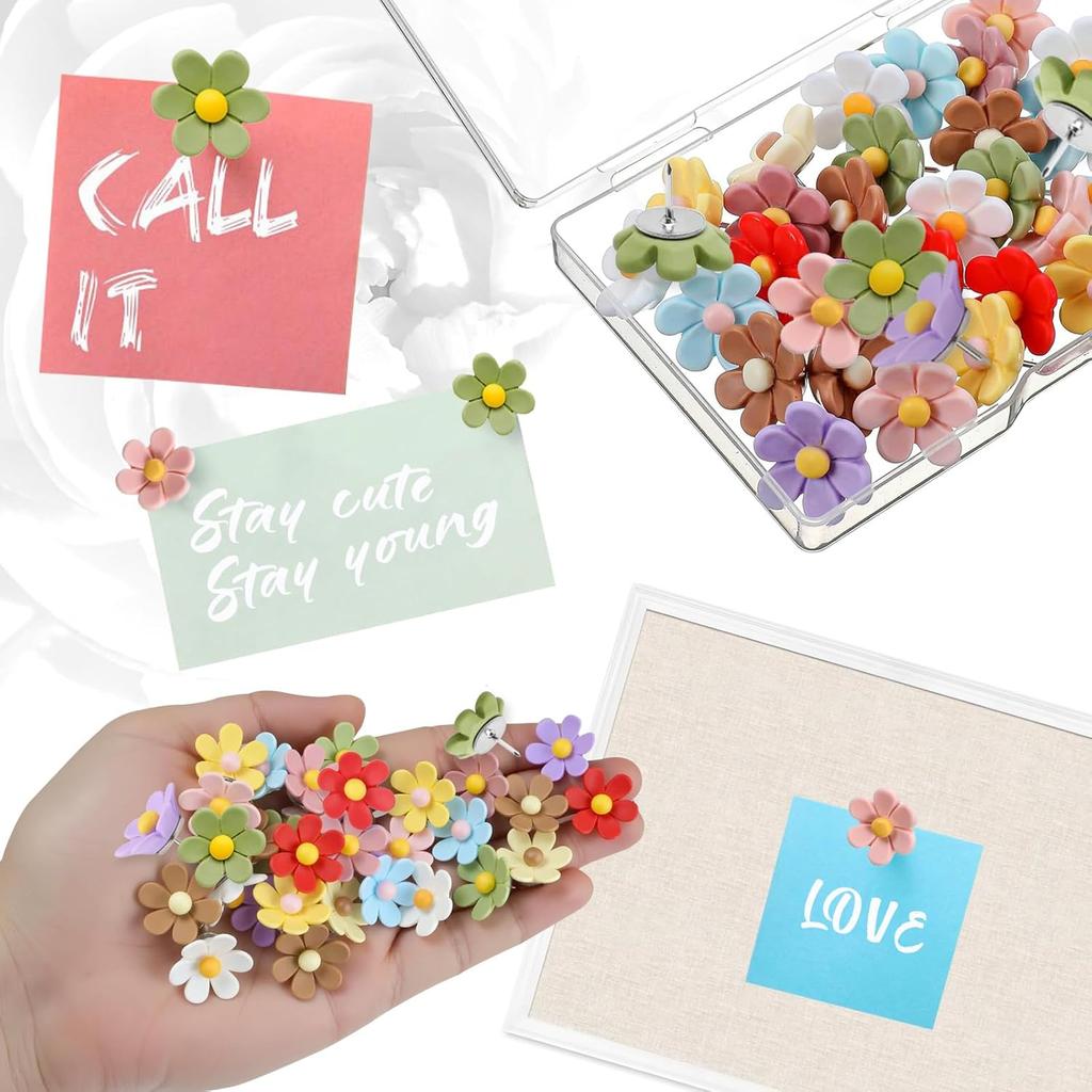 Flower Push P - 50 Pcs Cute Decorative Colorful Floral Thumb Tacks for Cork Board Wall Bulletin Board Travel Map Photo Home Office Supplies