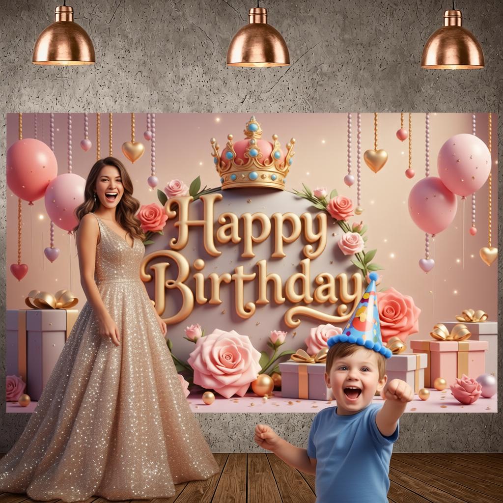 Rose Birthday Banner Gold Crown Celebration Backdrop Princess Birthday Background Golden Lettering Birthday Celebration Display