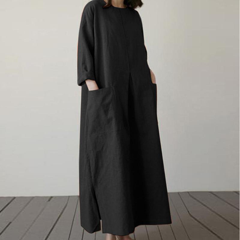 Women Casual O-neck 3/4 Sleeve Cotton Long Dress