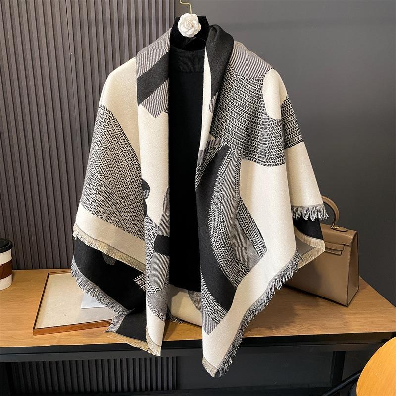 Large square scarf shawl for women, thickened warm scarf in autumn and winter, black and white double-sided can be worn, imitation cashmere shawl