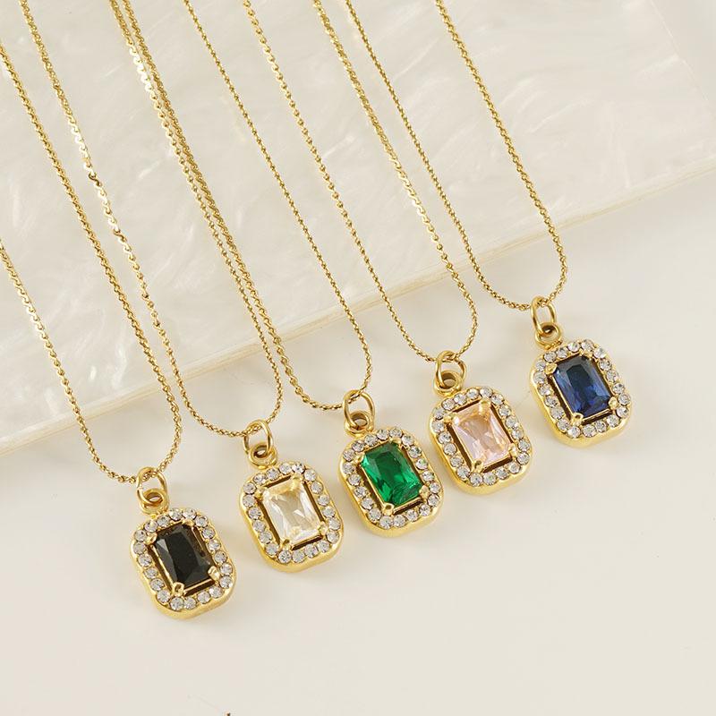 European American Ins Style Double-layer Zircon Titanium Steel Luxury Square Pendant Light Sporty Unisex 18K Gold Necklace