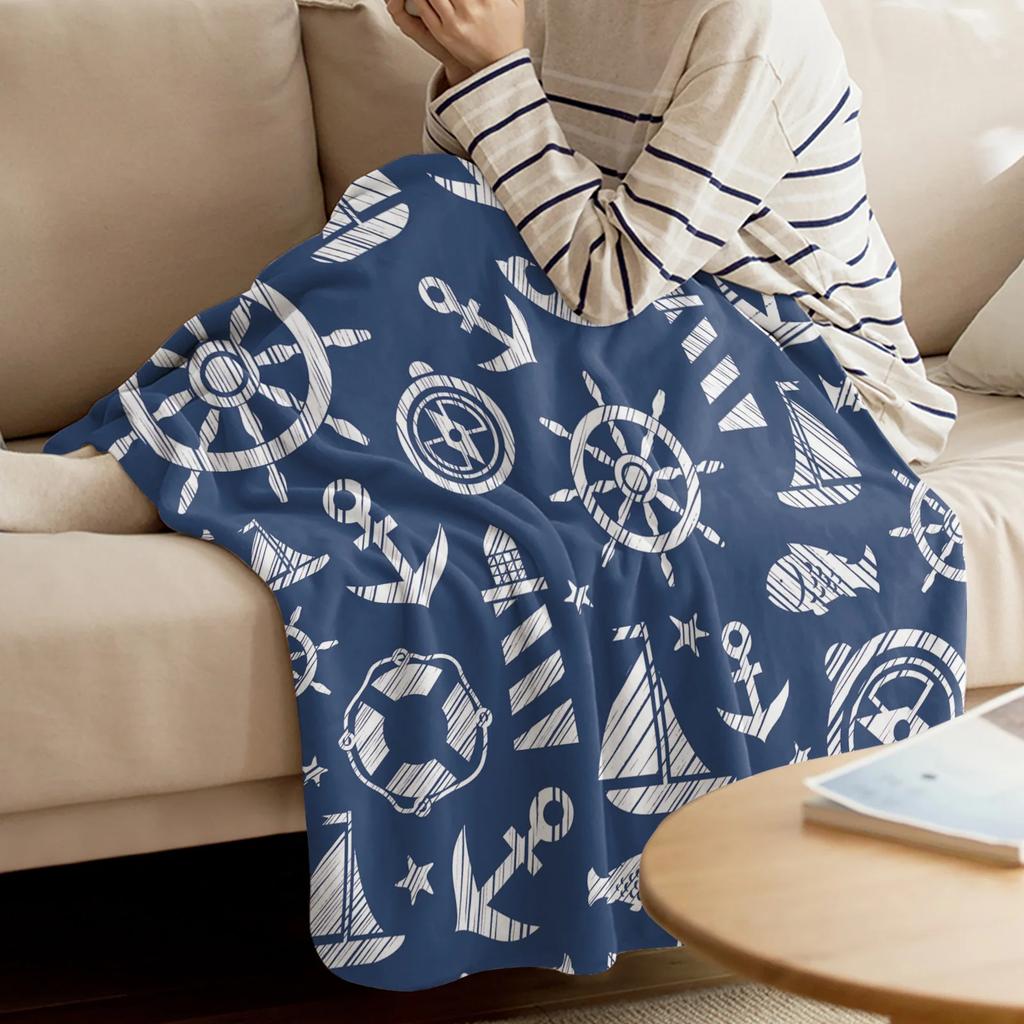 Nautical Blue Anchor Rudder Boat Fish Lighthouse Flannel Blanket Travel Picnic Blanket Portable Soft Bedspread Blankets for Beds