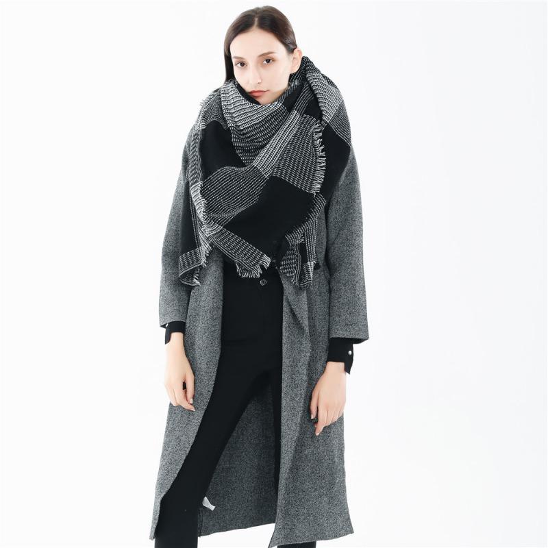 Black White Plaid Check Winter Warm Oversized Shawl чёрный