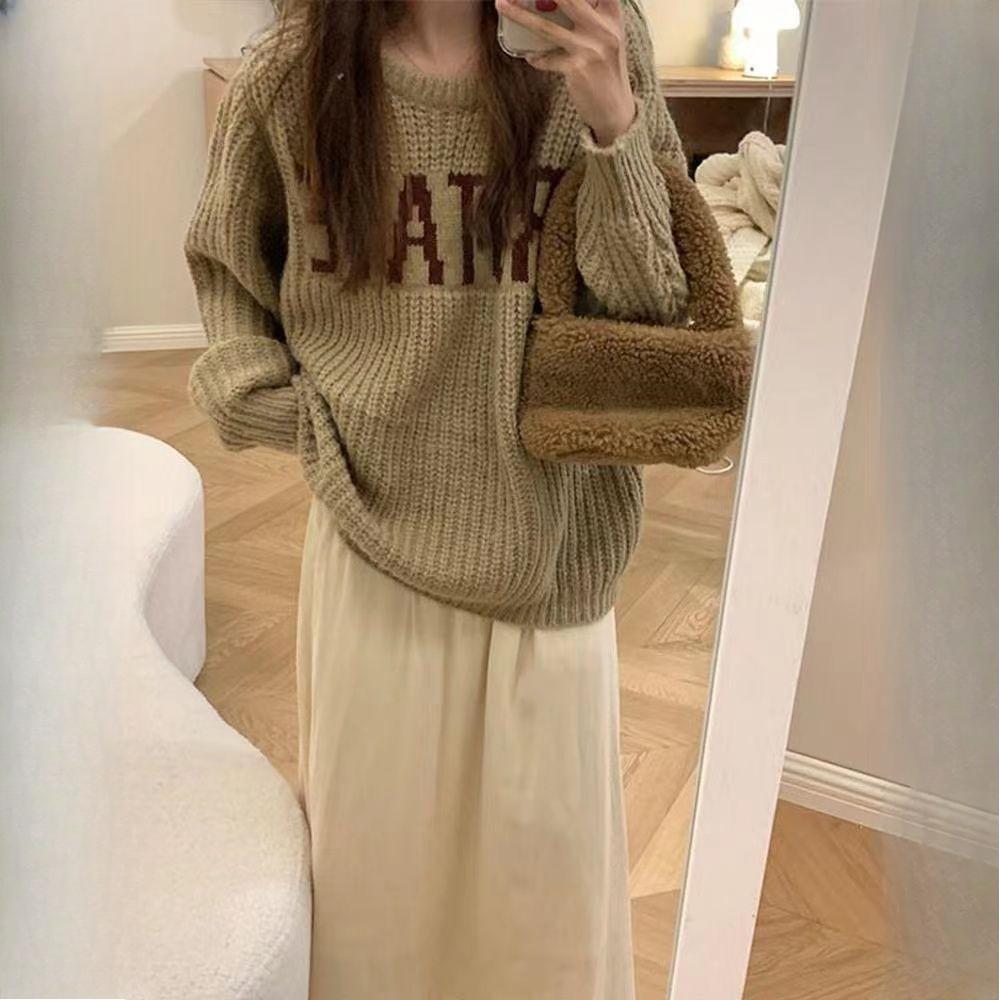 

Женский пуловер в ленивом стиле с надписью, осенне-зимний, высококачественный, мягкий, крупной вязки, милый, утепленный XL кофейный