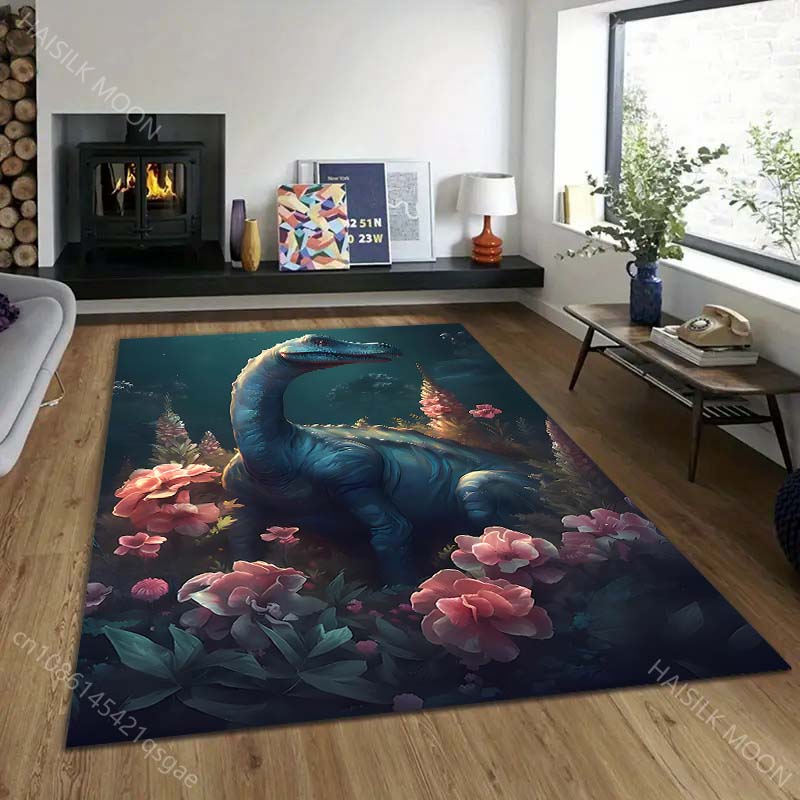 1PC Blue dinosaur with vibrant flowers Print Carpet Rug for Living Room Bedroom Sofa Doormat Home Decor Non-slip Floor Mat