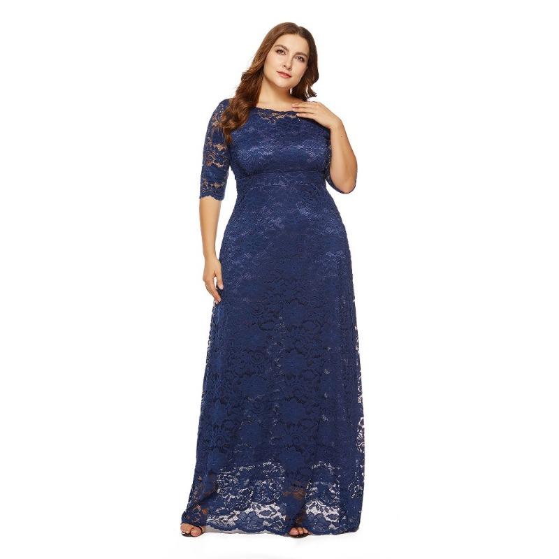 Trendig Plus Size Spetsad Kvällsklänning med Fickor och Urskurna Korta Ärmar
