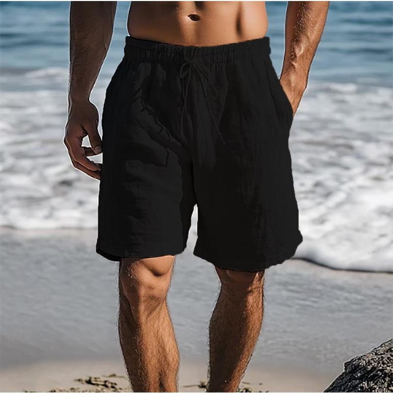 New Linen shorts, drawstring elastic waist, Solid color breathable daily beach five-point casual pants