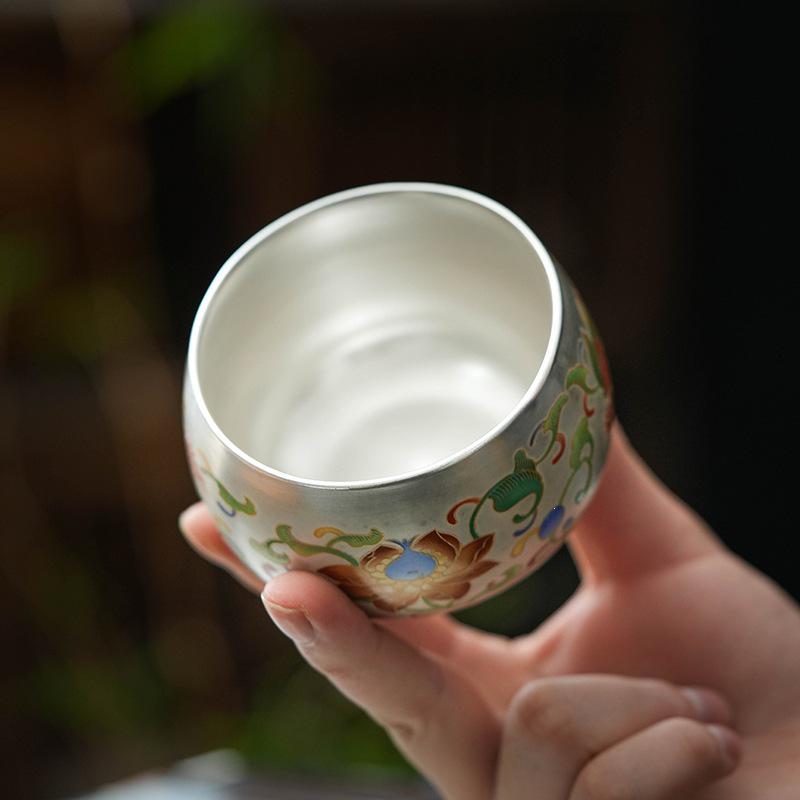 Silver Dragon & Phoenix Luohan Tea Cup: 999 Silver, Gilded, High-Grade Gift, Household Host's Cup