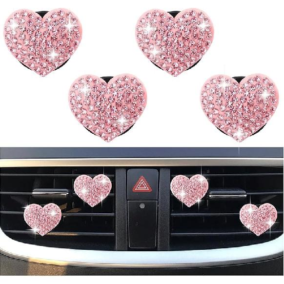 4PCS Heart-Shaped Car Vent Clips with Rhinestone,Bling Air Vent Clips Car Decorations,Premium Shiny Car Clips for Vents CCar Accessories Interior for