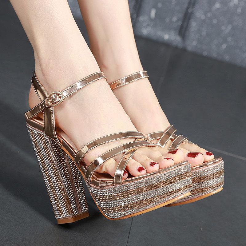 Women Shoes Luxury Gold High-heeled Sandals New Rhinestone Thick-heeled Sandal Fashion Super-high-heeled Shoes for Women Zapatos