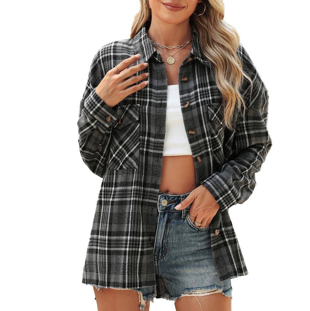 Women's Turn Down Collar Long Sleeve Plaid Shirt Loose Fit Urban Style Chest Pocket Button Down Blouse