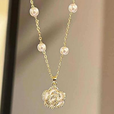Camellia Pearl Necklace Women's Niche Light Luxury Retro Elegant Ins Style Flower Pendant Necklace Women