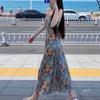 French blue floral suspender dress children's summer 2026 new seaside vacation wear beautiful waist skirt