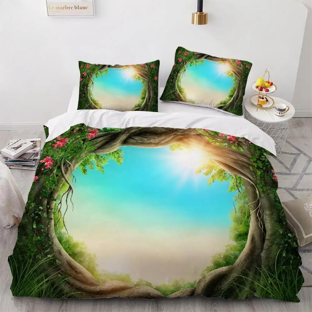 Forest Duvet Cover Magical Woodland Jungle Comforter Cover Dreamy Misty Scene Bedding Set For Girls Boys Full Queen King Size