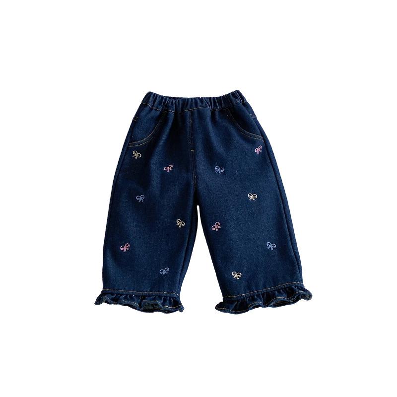 Girls' Winter Fleece-Lined Jeans with Bow and Lace Design