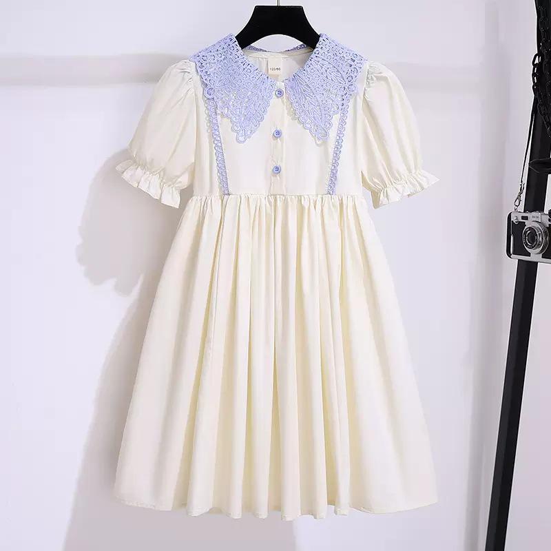 Girls' Summer Korean-Style Short-Sleeve Doll Collar Dress - Princess College Style Skirt for Middle and Large Children