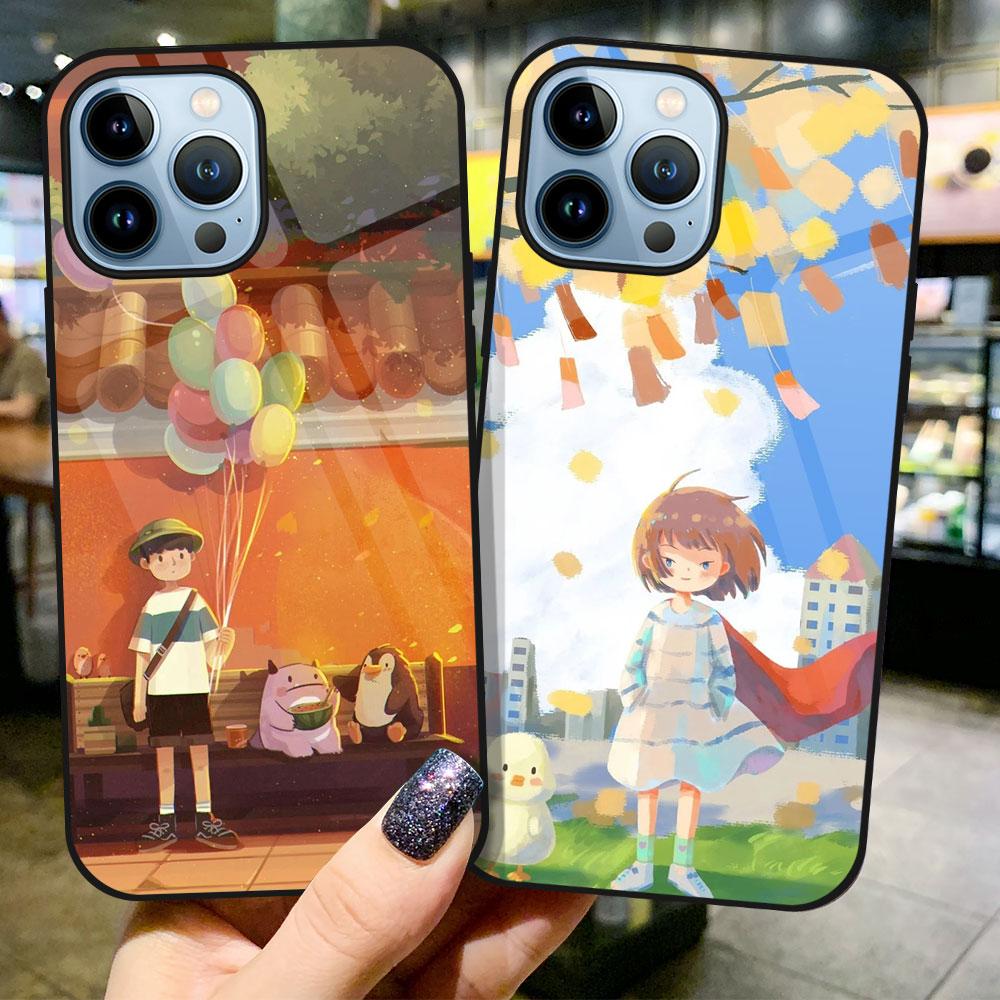 Cartoon Girl And Boy Case For Iphone 14 13 12 11 Pro Max Mini Xs Xr X 7 8 6s Plus Se 2022 Tempered Glass Cover Protection Shell