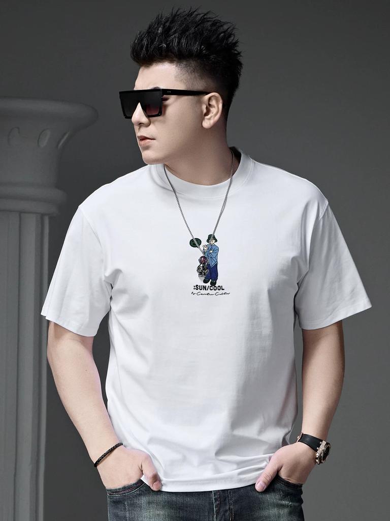 European Goods 2025 New Summer Trendy Brand Cartoon Embroidery Printed Short-Sleeved T-Shirt Men's Round Neck Top Half-Sleeved T-Shirt
