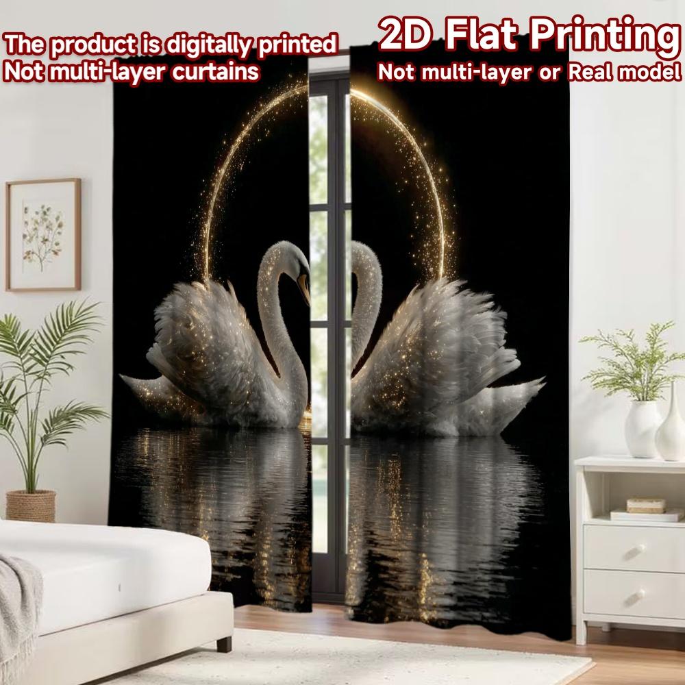 2D flat printing 2pcs Curtain Drapes Wedding Swan Romance Digital Printed Polyester Drapes Family Party Decoration Perfect for