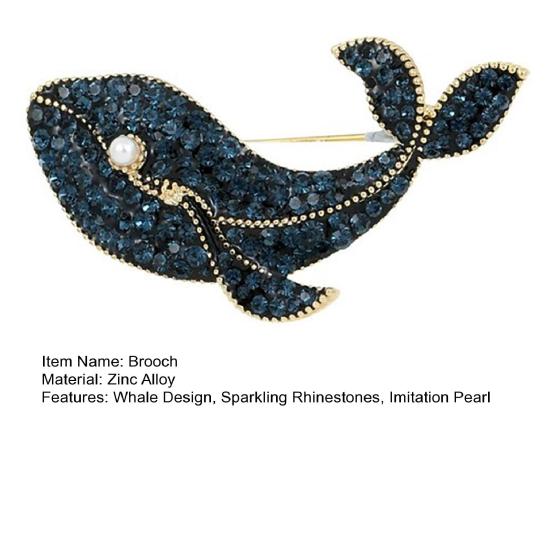 Women Brooch Sparkling Rhinestones Imitation Pearls Decor Whale Design Lapel Pin Sweater Scarf Holder Jewelry Accessories