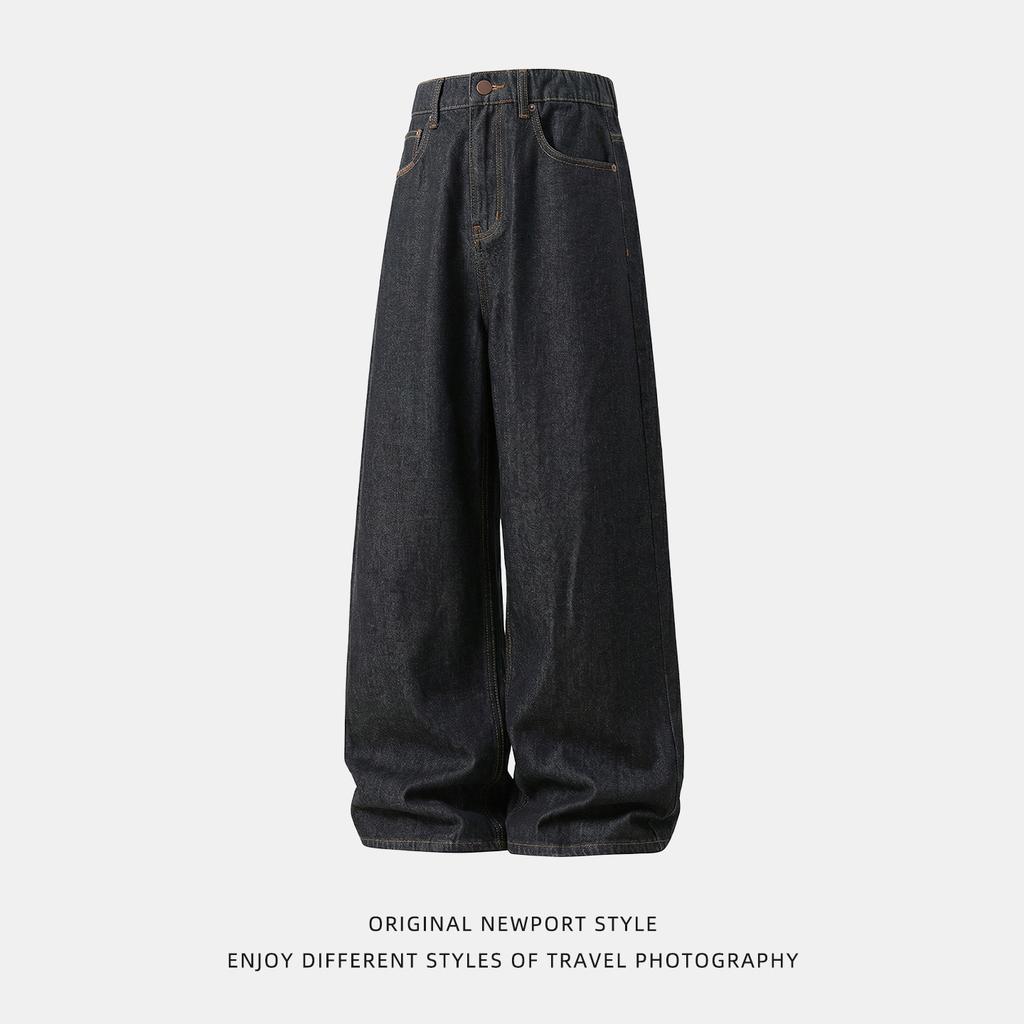 Jeans Larghi Straight Casual Lunghi Vintage Americani in Raw Denim con Cuciture a Contrasto per Uomo