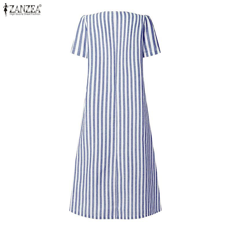ZANZEA Γυναικείο Καθημερινό Casual Φόρεμα με V-λαιμόκοψη, Κοντό Μανίκι και Ριγέ