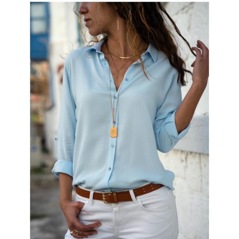 Langarm Damen Tiefes V-Ausschnitt Knopf Chiffon Bluse