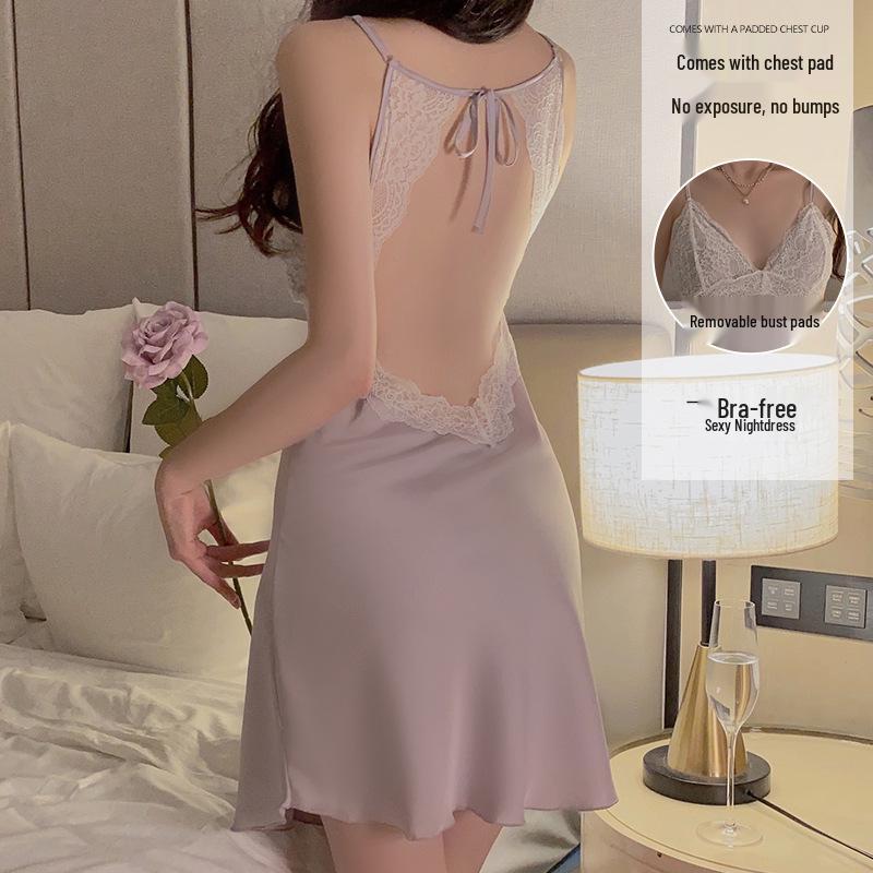 Elegant Lace Backless Plus Size Nightgown with Push-Up Bra and Camisole Set