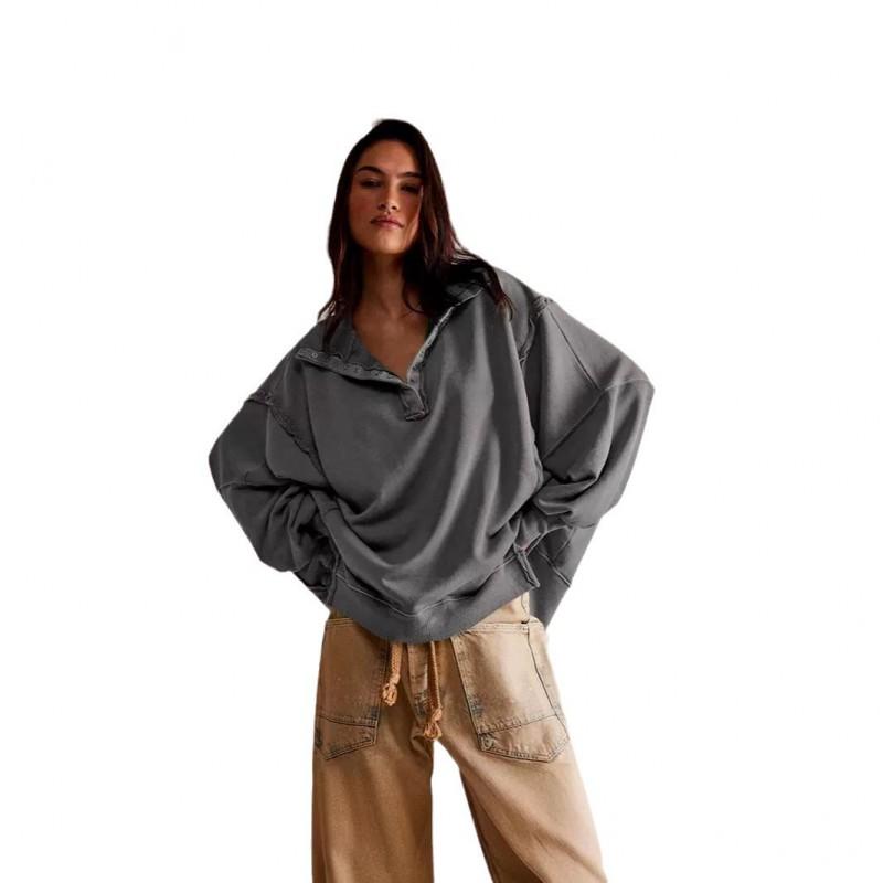 Damen Übergroßer Hoodie mit Puffärmeln und Polokragen, geteilter Saum, Streetwear Top