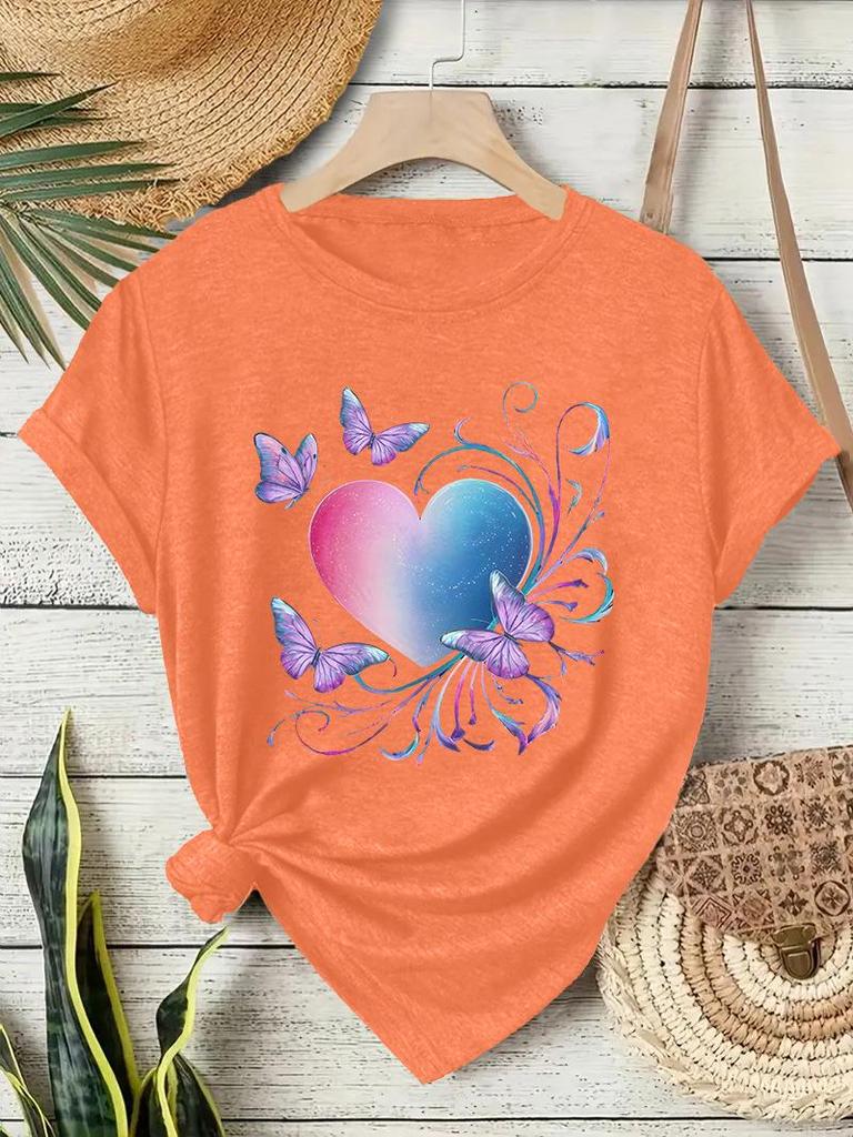 Europäisches & Amerikanisches Rundhals-T-Shirt mit Schmetterlings-Herz-Print für Damen - Sommer Lockeres Kurzarm-Oberteil