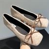 Gentle Cream Tie Bow Flat Shoes Lazy One Pedal Shallow Mouth Square Head Flat Heel Single Shoes Fluffy Shoes Suede Shoes