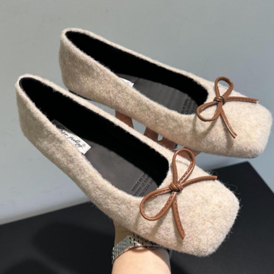 Gentle Cream Tie Bow Flat Shoes Lazy One Pedal Shallow Mouth Square Head Flat Heel Single Shoes Fluffy Shoes Suede Shoes