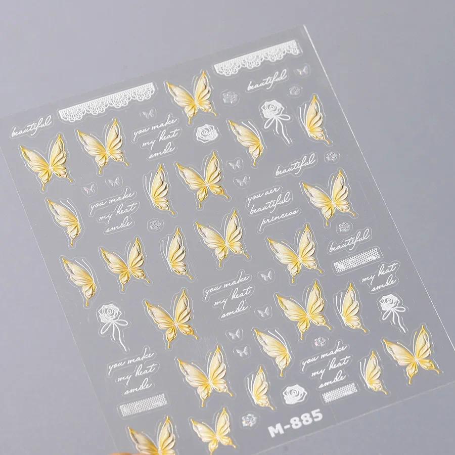 Shiny Jelly Butterfly Charming Golden Gradient Bowknot 5D Self Adhesive Nail Art Sticker Flower Petal Rhinestone Manicure Decals
