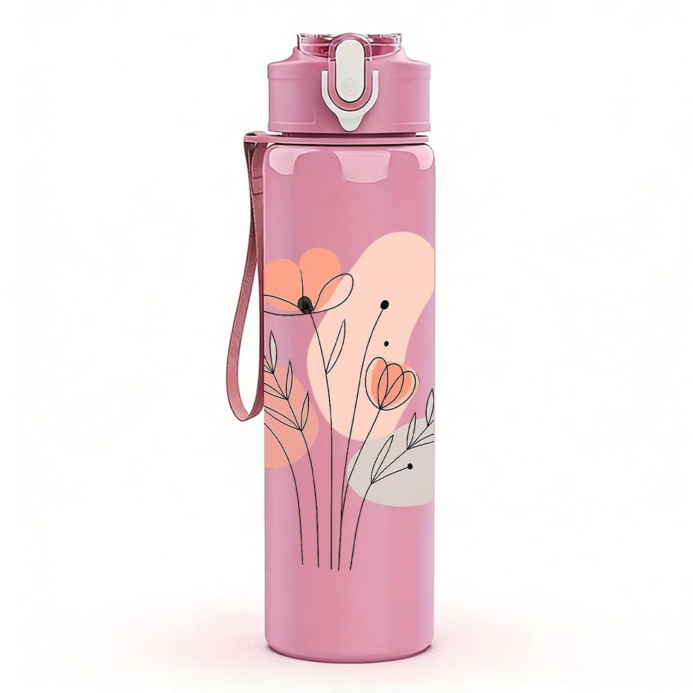1PC Minimal Pink Tulip Art 750ml Color Plastic Sports Water Bottle Leakproof Flip Straw Lid Suitable for Sports Office Home Use