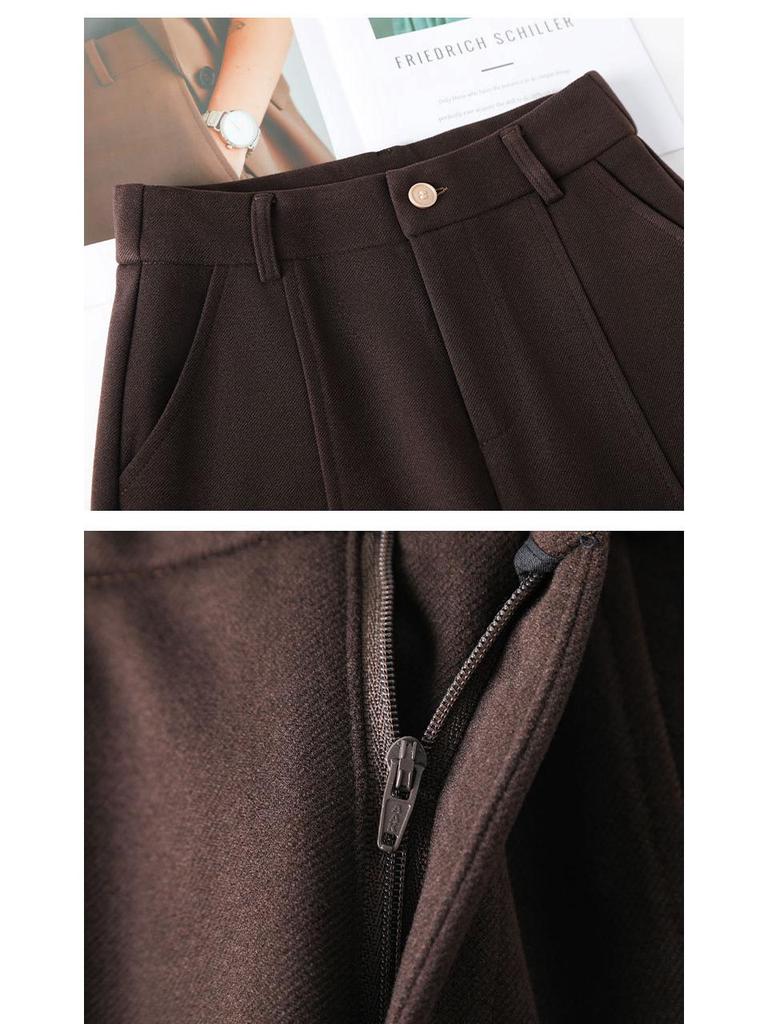 Premium Coffee Wool Wide-Leg Women's Pants - New 2025 Autumn/Winter High-Waisted Slimming Loose Fit, Plus Velvet Thick Straight-Leg.