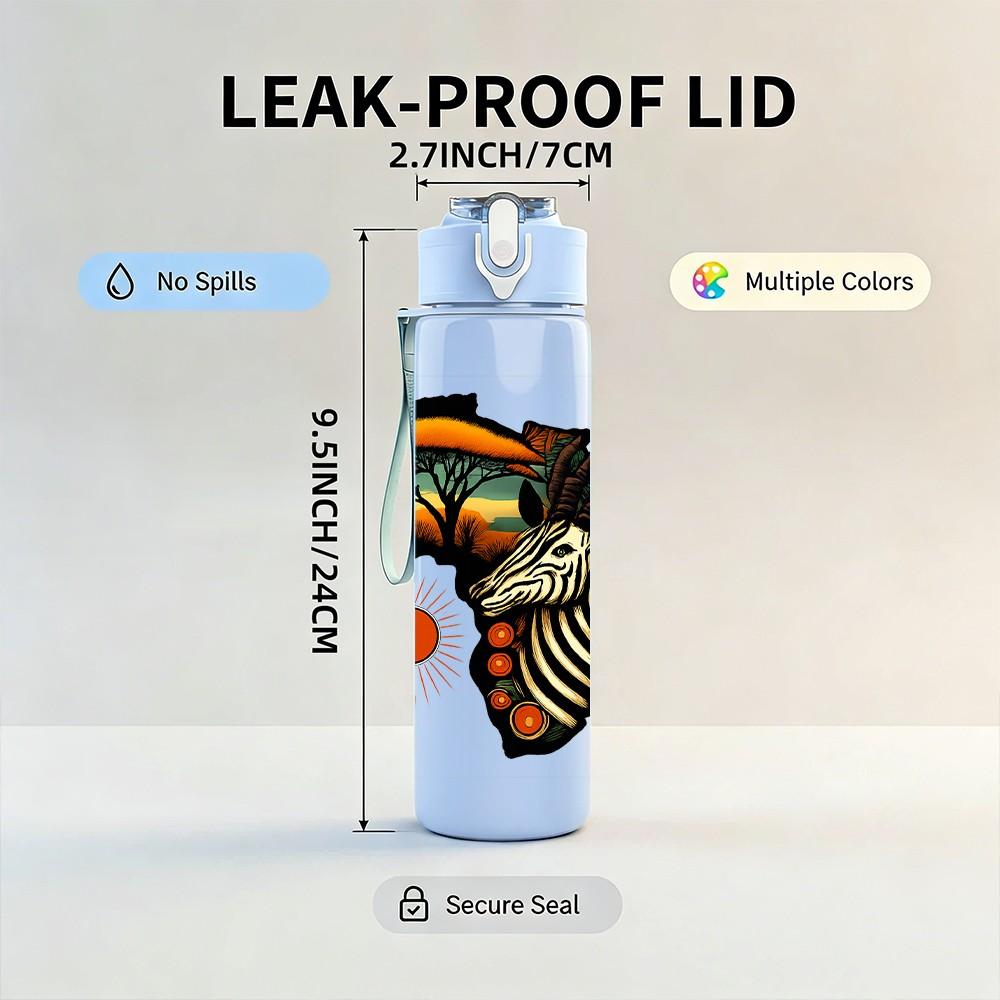 1PC Africa Map Wild Animal 750ml Color Plastic Sports Water Bottle Leakproof Flip Straw Lid Suitable for Sports Office Home Use