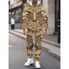 Fashion Casual Autumn Winter Men's Set, Skeleton Floral Carved 3D Print Long Sleeve Hooded Sweatshirt and Pants, 2pcs, Gothic & Streetwear Style,