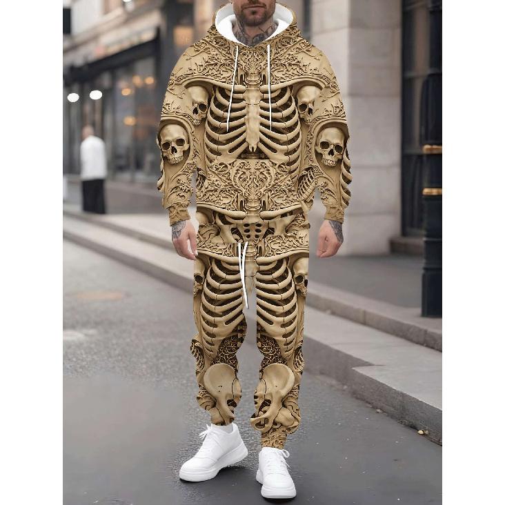 Fashion Casual Autumn Winter Men's Set, Skeleton Floral Carved 3D Print Long Sleeve Hooded Sweatshirt and Pants, 2pcs, Gothic & Streetwear Style,