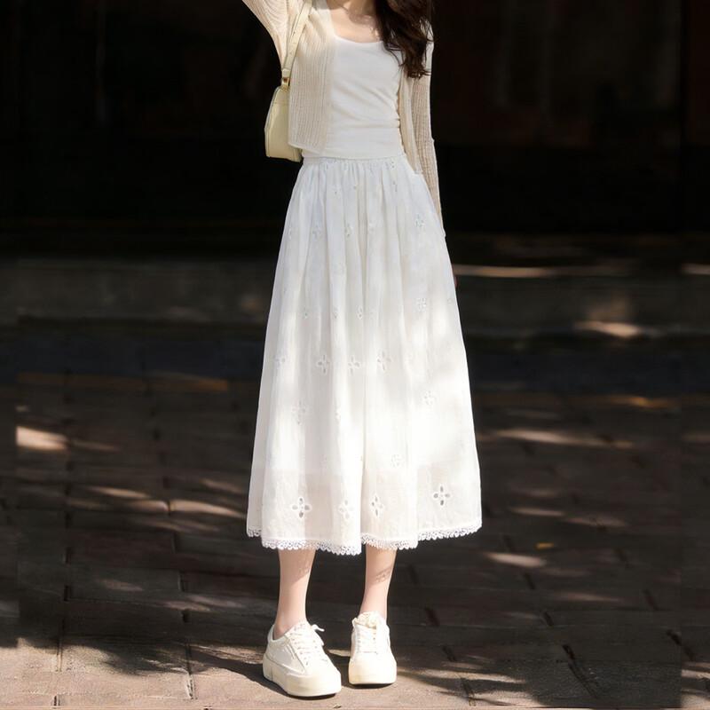French Style Embroidered Lace A-line Midi Skirt