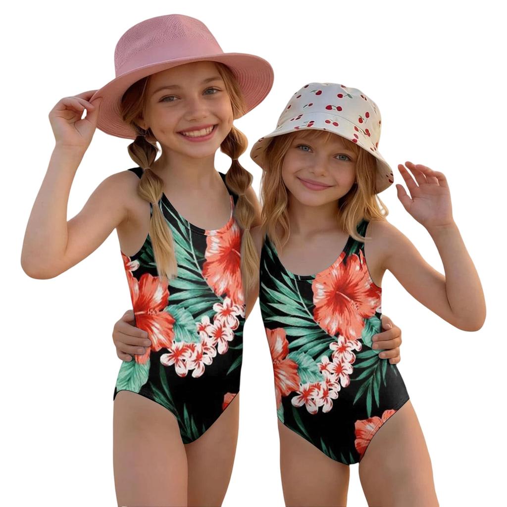 Girls One Piece Swimsuit Hawaiian Floral Print Summer Swimwear Kids Casual Beachwear Pool Outfit for Children