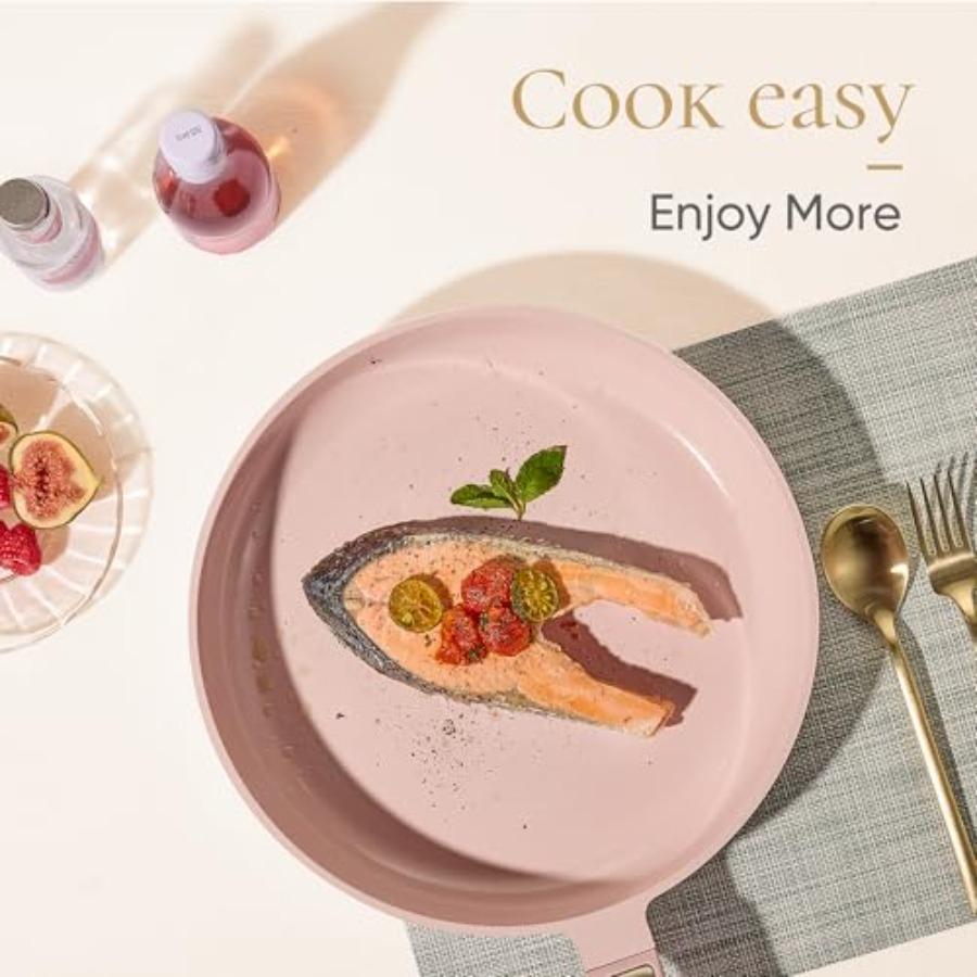 Pink Blush Ceramic Cookware Set 14pcs Nonstick Pots and Pans with Lids Non-Toxic PFAS-Free Kitchenware for Home RV Camping Dish