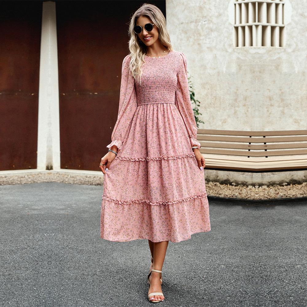 Dámské podzimní elegantní dlouhé potištěné šaty s lucernou s rukávem a vysokým pasem