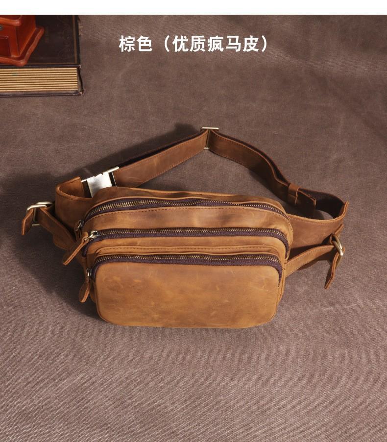 Real Leather Men's Bag, Multifunctional Men's Chest Bag, Cowhide Shoulder Crossbody Phone Bag, Crazy Horse Leather Waist Bag