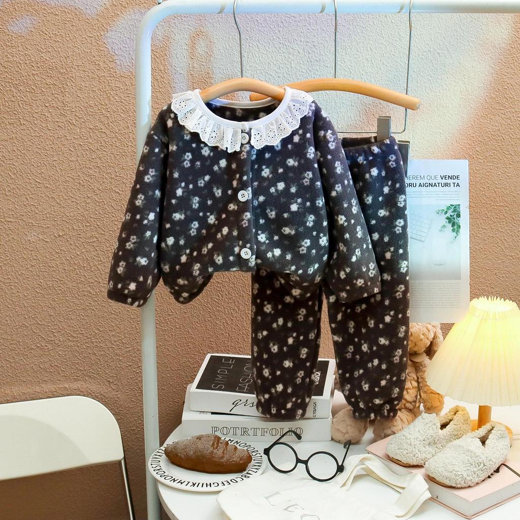 Girls' Velvet Lace Collar Flannel Pajama Set - Autumn/Winter Warmth