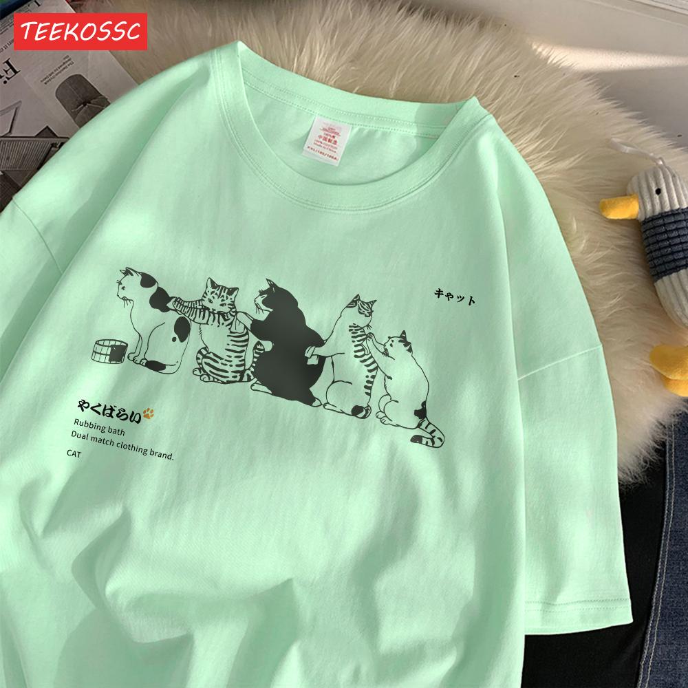 Summer Cotton WomenS TShirts Japanese Vintage Cats Printing Short Sleeve ONeck Breathable Loose Tops Casual Female Clothes