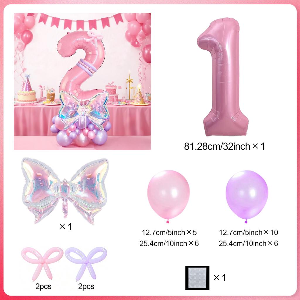 Rainbow Transparent Colorful Bow Balloon Set with 32 inch Pink Digital Balloon 0-9 for Anniversary Birthday Party Decoration