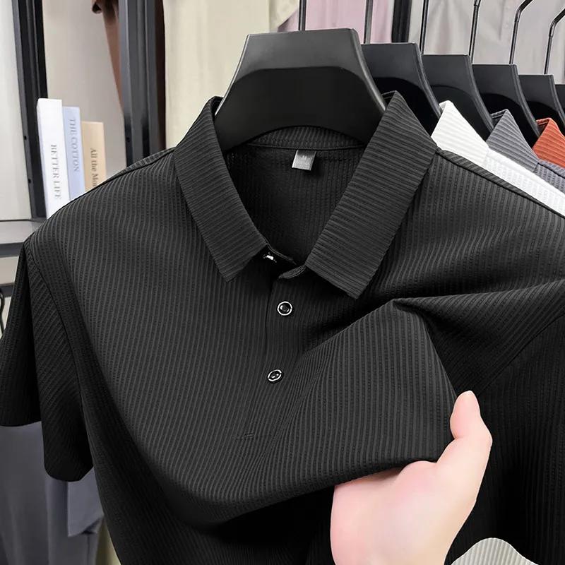 Men's Ribbed Polo Shirt Short Sleeve Solid Color Casual Collared Top for Daily