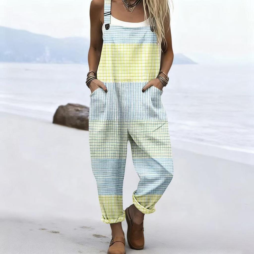 Women's Sleeveless Mid Rise 3D Digital Print Loose Casual Overalls Jumpsuit For Summer