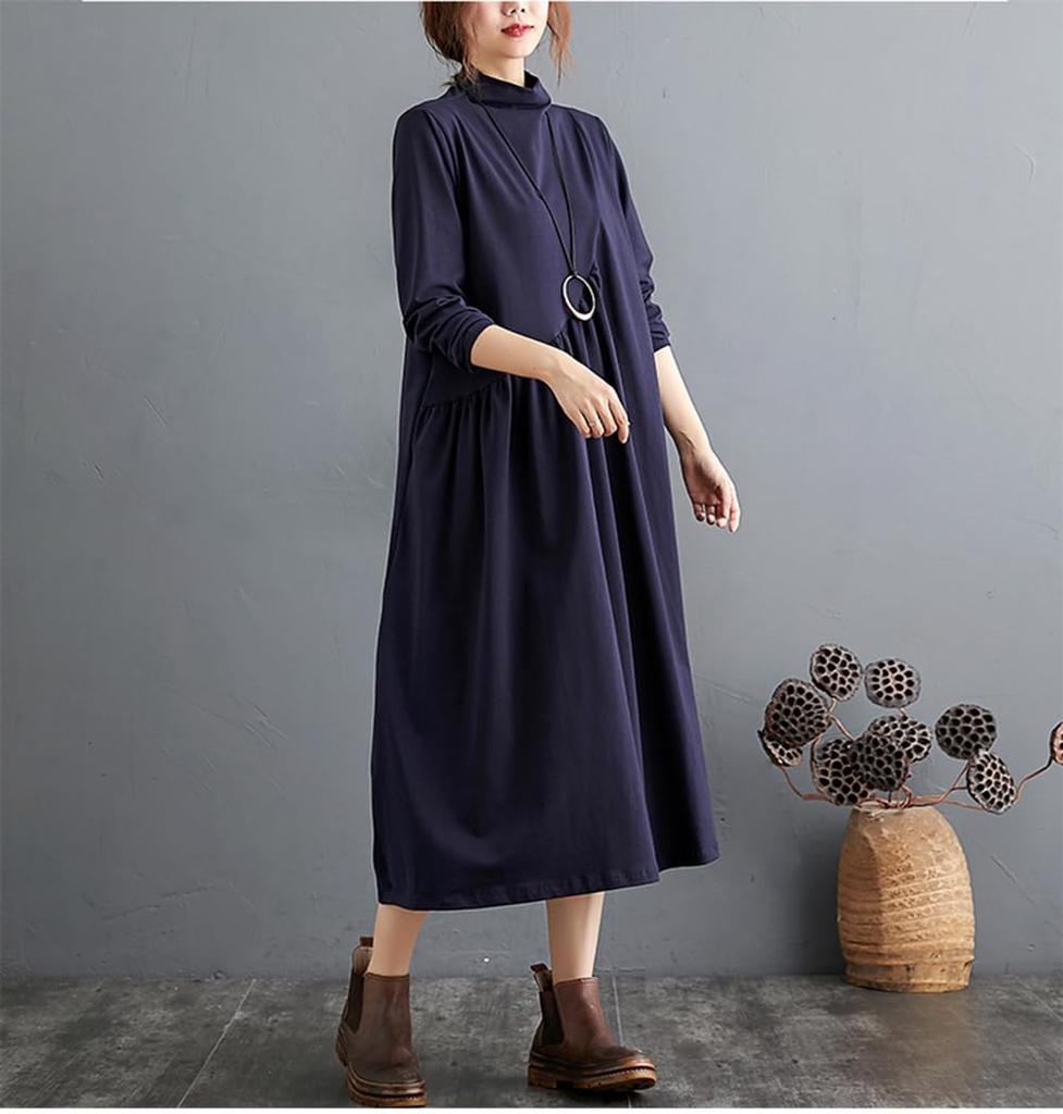 JIYUTOR Turtleneck Long Loose Solid Plus Long Dress for and Winter Women's Dress, Sleeve, Knee-Length, Fit, Color, Simple, Sizes, Slimming, Spring,
